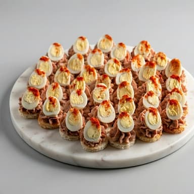 Канапе с муссом из куриной печени и перепелиным яйцом