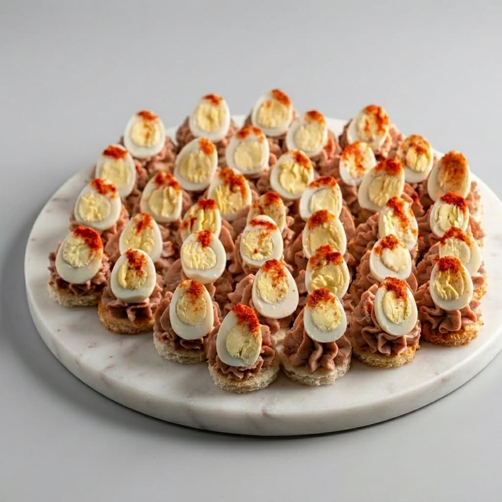 Канапе с муссом из куриной печени и перепелиным яйцом