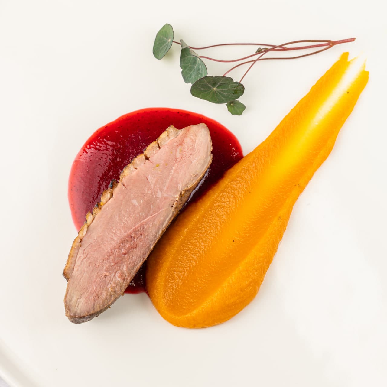 Утиная грудка с муссом тыквы и брусничным соусом